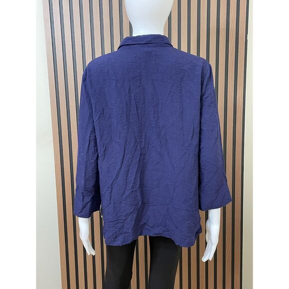 Ali Miles Women's PL Blue Button-Up Rayon Tunic Shirt Crinkled Abstract Artsy - Picture 2 of 10